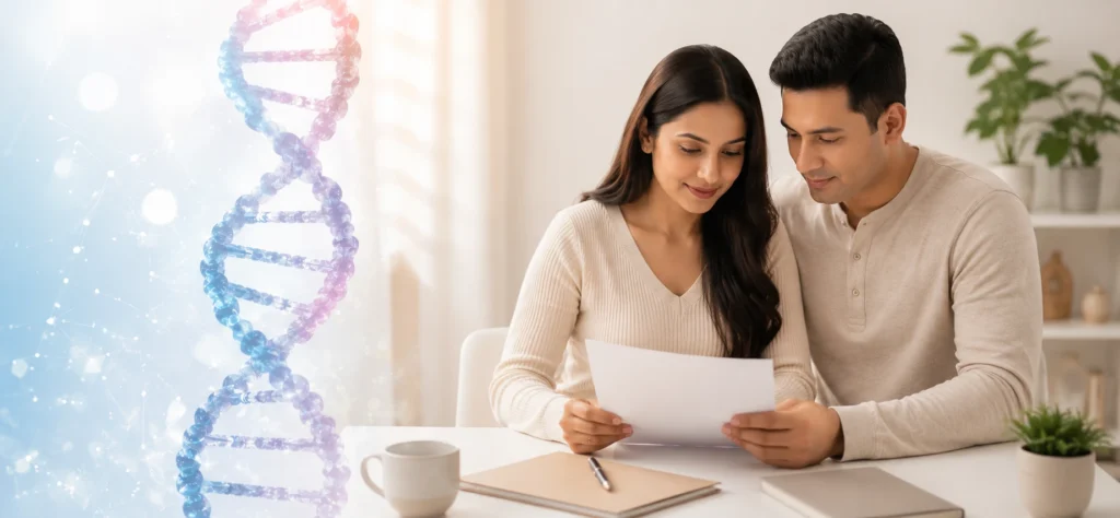 Couple reviewing expanded genetic carrier screening results with fertility specialist Kolkata